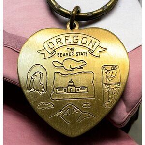 Heart Shaped Oregon Keychain Brass The Beaver State Engraving and Scenic Icons
